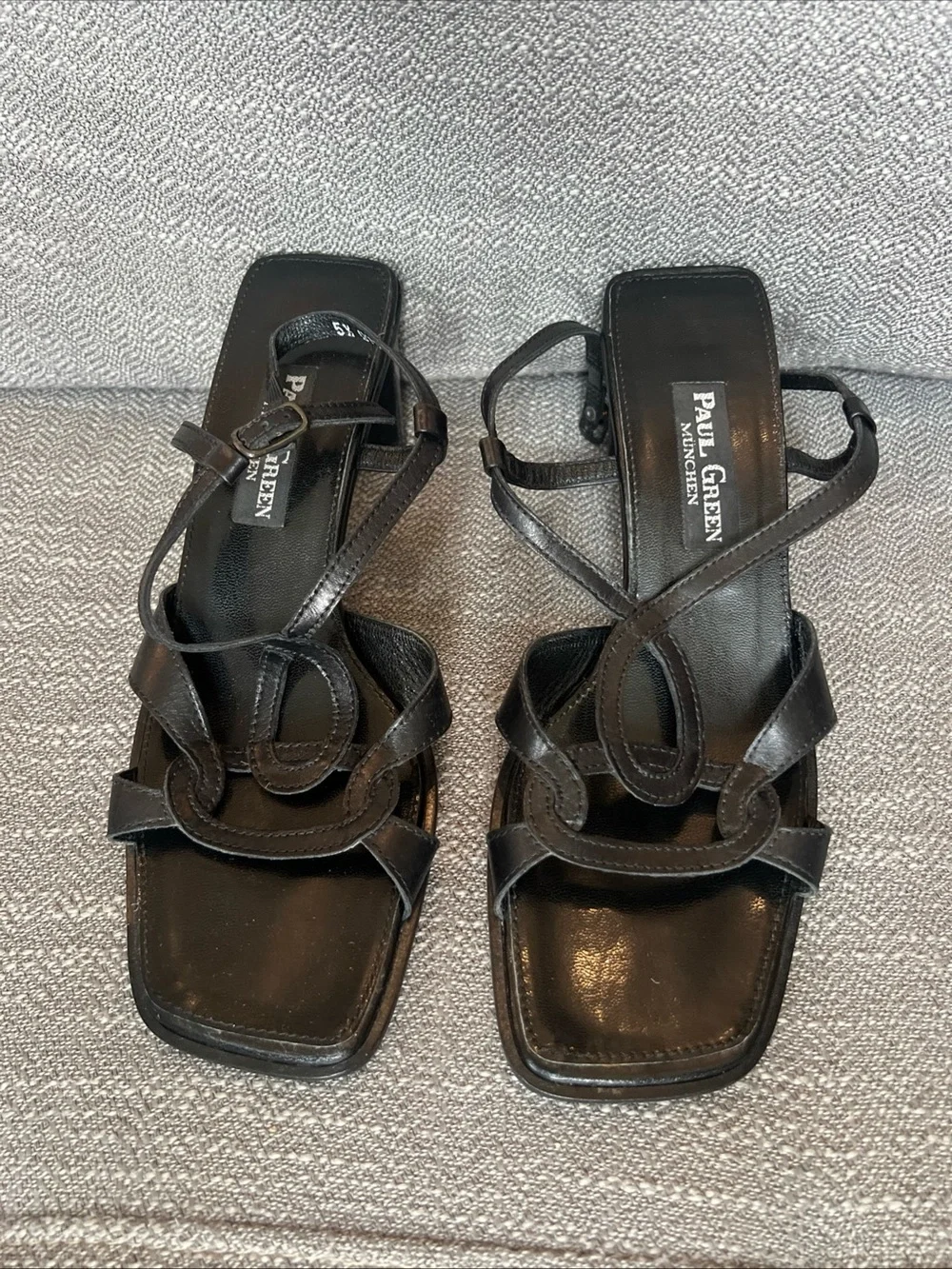 Paul Green Black Leather Strappy Square-Toe Heels European 5.5
